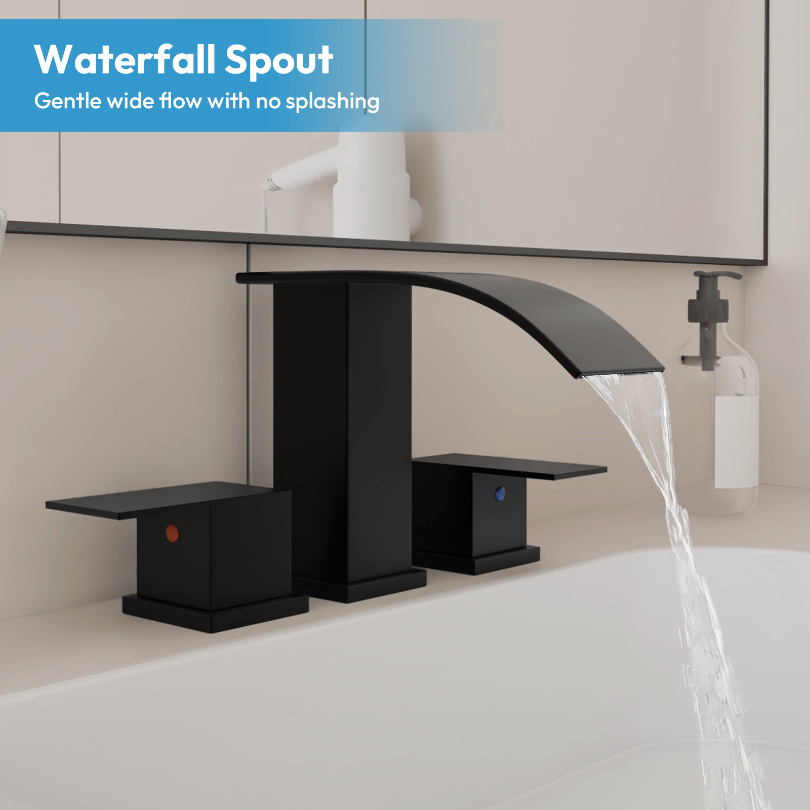 Besdor Waterfall Bathroom Faucet 3 Hole, 304 Stainless Steel Matte Black